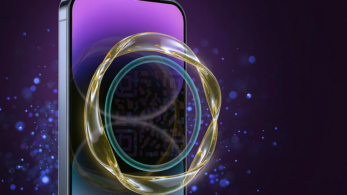 Smartphone surrounded by translucent circular graphics